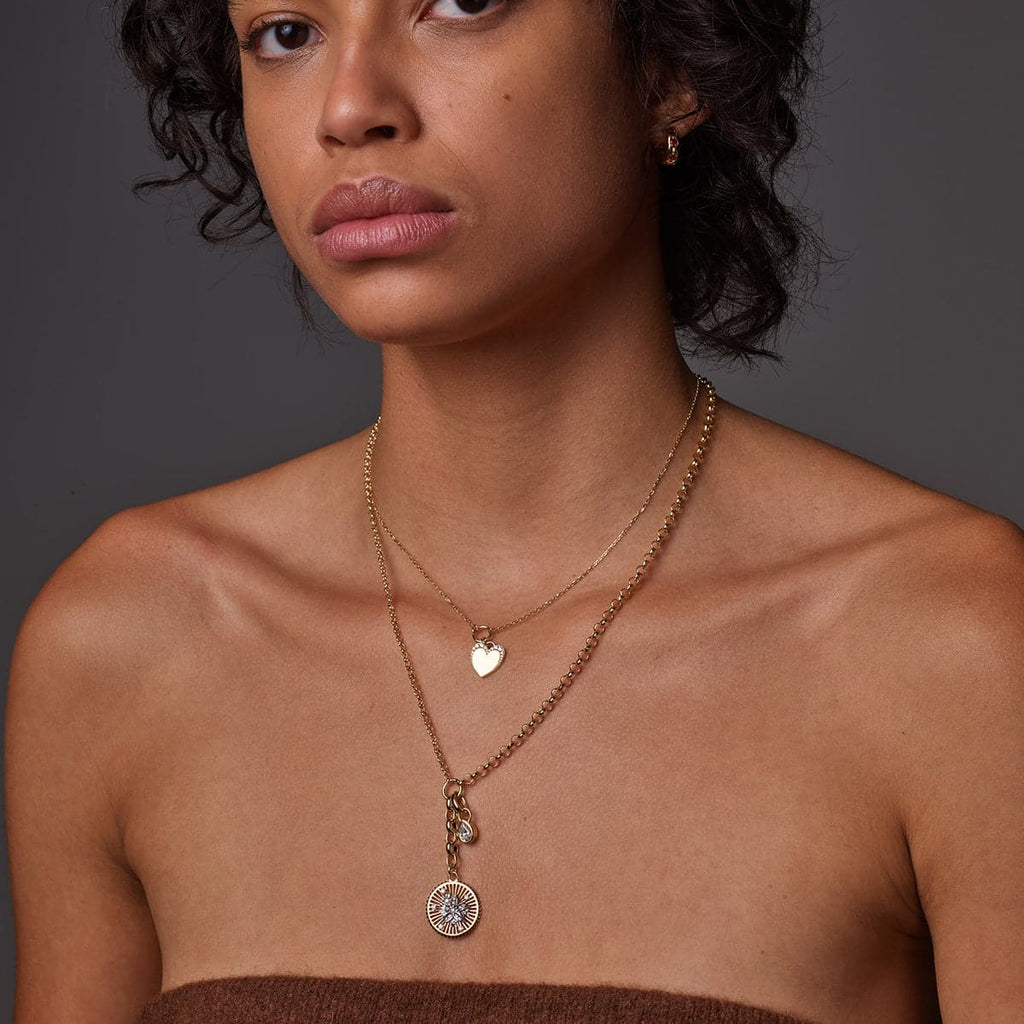 Pave Diamond Engravable Heart Miniature Medallion : in Yellow Gold with an Annex Link view 2