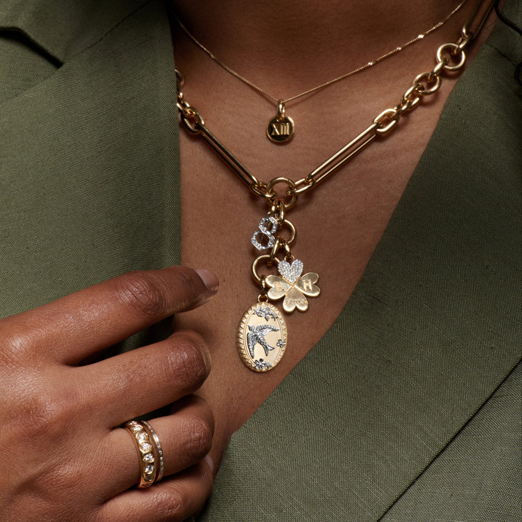 18K Yellow Gold Personalized - True Love | Engravable Pavé Four Heart Clover Medium Pendant | Diamonds, Yellow Gold – FoundRae view 4