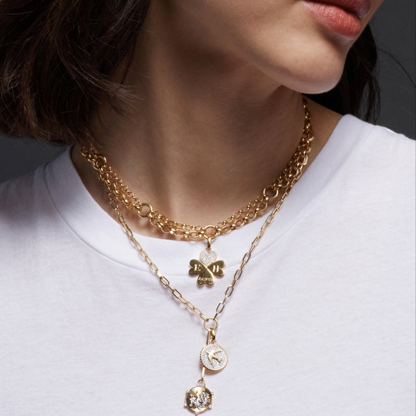 Pave Diamond Engravable Medium Four Heart Clover : in Yellow Gold with an Annex Link