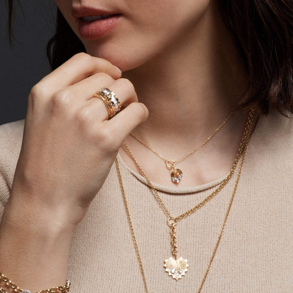 Heart Love Token Small Mixed Belcher Extension Story : in Yellow Gold with Encrusted Diamonds view 2