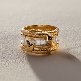 Lovestruck Pierced and Snake Bookend Ring Stack : in Yellow Gold with Baguette Diamonds