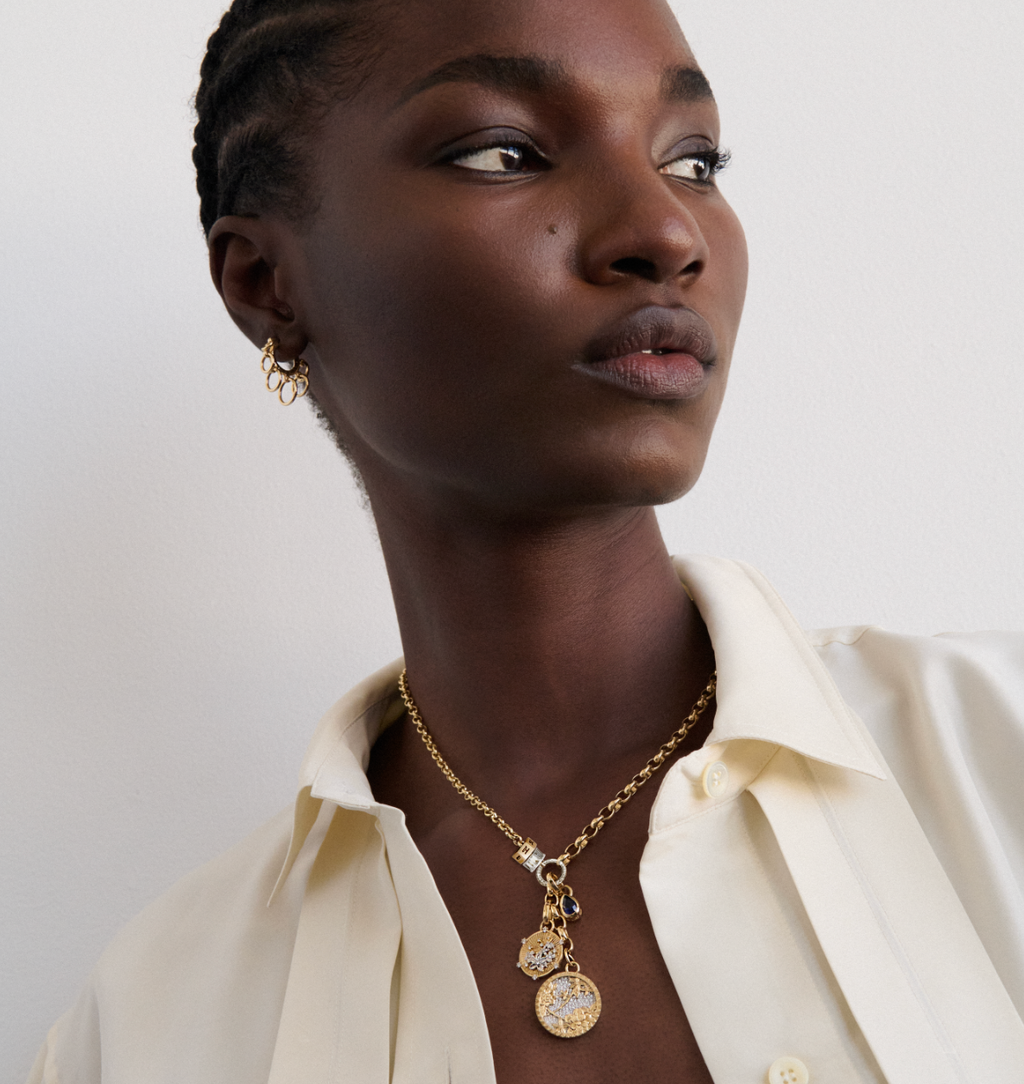 Personalized - Resilience | Pavé Floral Screen and Custom Heart Beat Heavy Mixed Belcher Extension Necklace | Diamonds, Blue Sapphire, Mixed Gold view 2