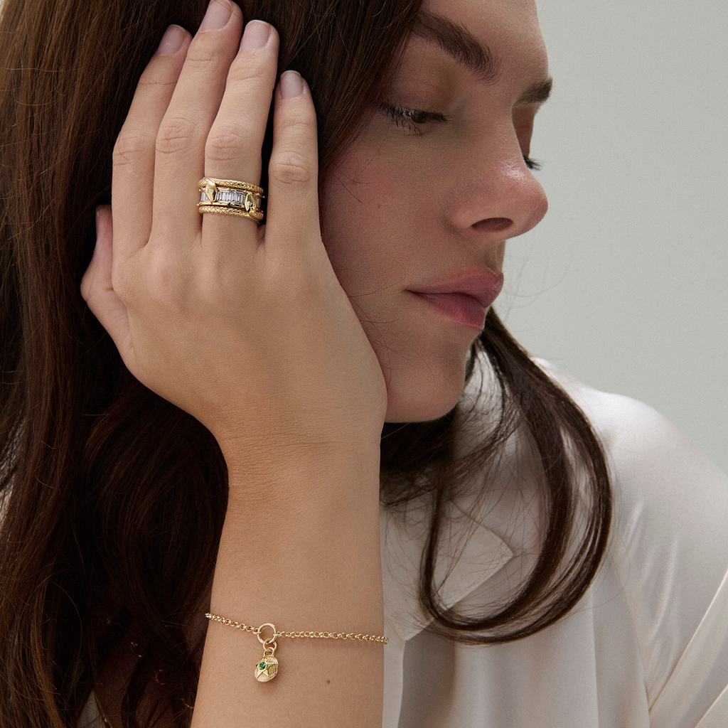 Foundation | May Birthday Starstone Small Belcher Bracelet | Emerald, Yellow Gold view 2
