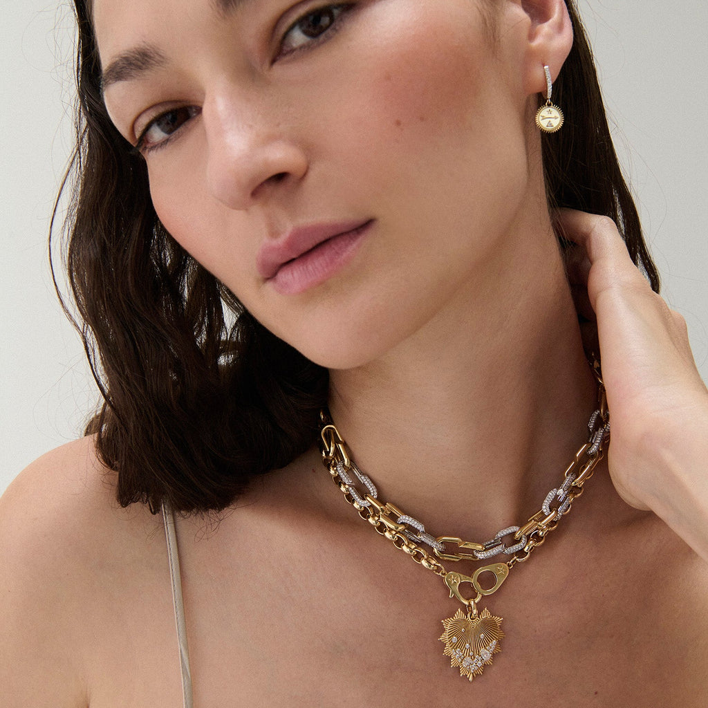 True Love | Encrusted Diamond Heart Love Token Oversized Belcher Necklace with Sister Hooks | Diamonds, 18K Yellow Gold view 2