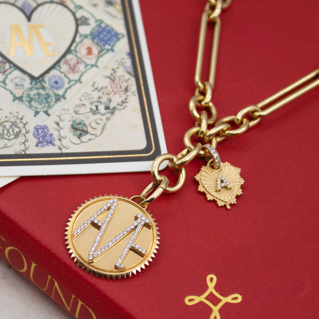 18K Yellow Gold Heart Love Token Initial Miniature Medallion : in Yellow Gold with Pave Diamonds and an Annex Link – FoundRae view 5