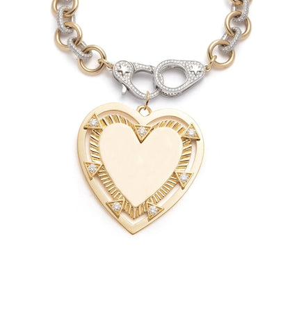 Midsized Mixed Link Pave Bracelet with Oversized Engravable Heart Medallion