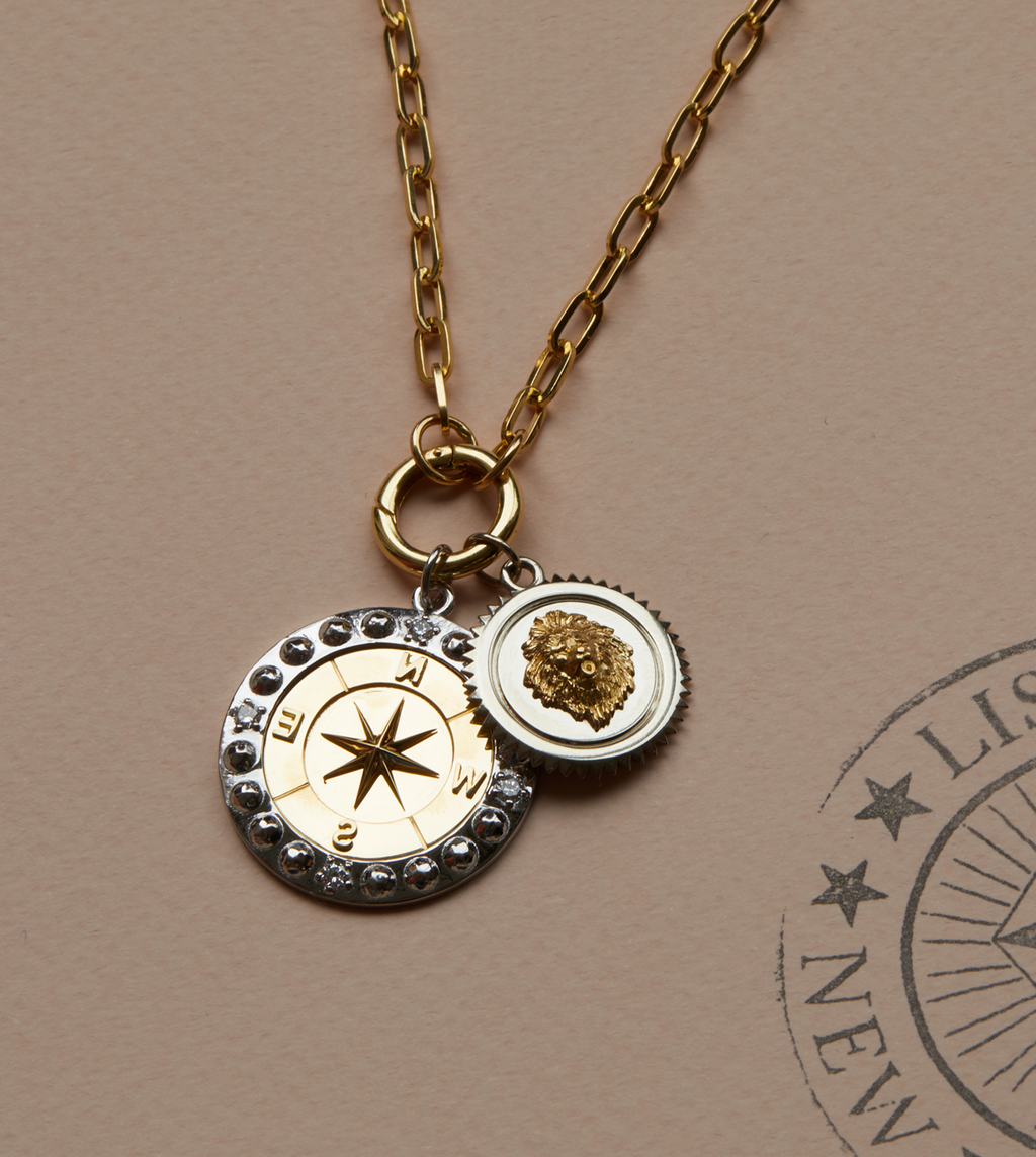 18K Yellow Gold Internal Compass Large Medallion : in Gold with Diamonds and an Annex Link – FoundRae view 10