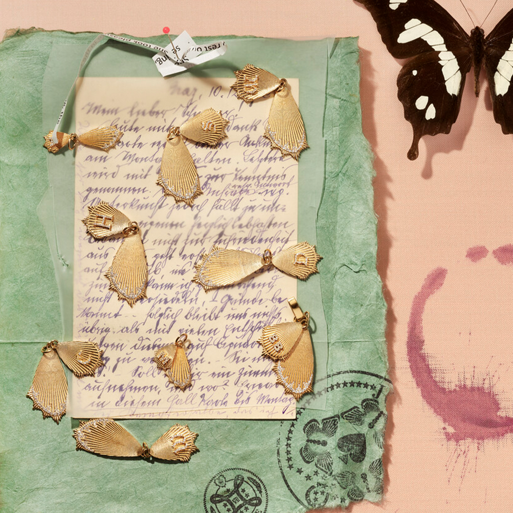 Initial Butterfly Wings Miniature Medallion : in Yellow Gold with Diamonds and an Annex Link view 2