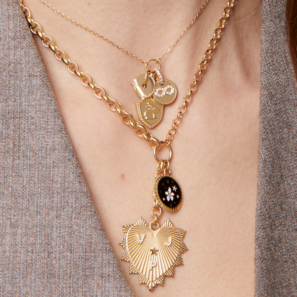 Personalized - True Love | Custom Heart Love Token and Ceramic Blossoms Heavy Mixed Belcher Extension Necklace | Diamonds, Black Ceramic, Yellow Gold