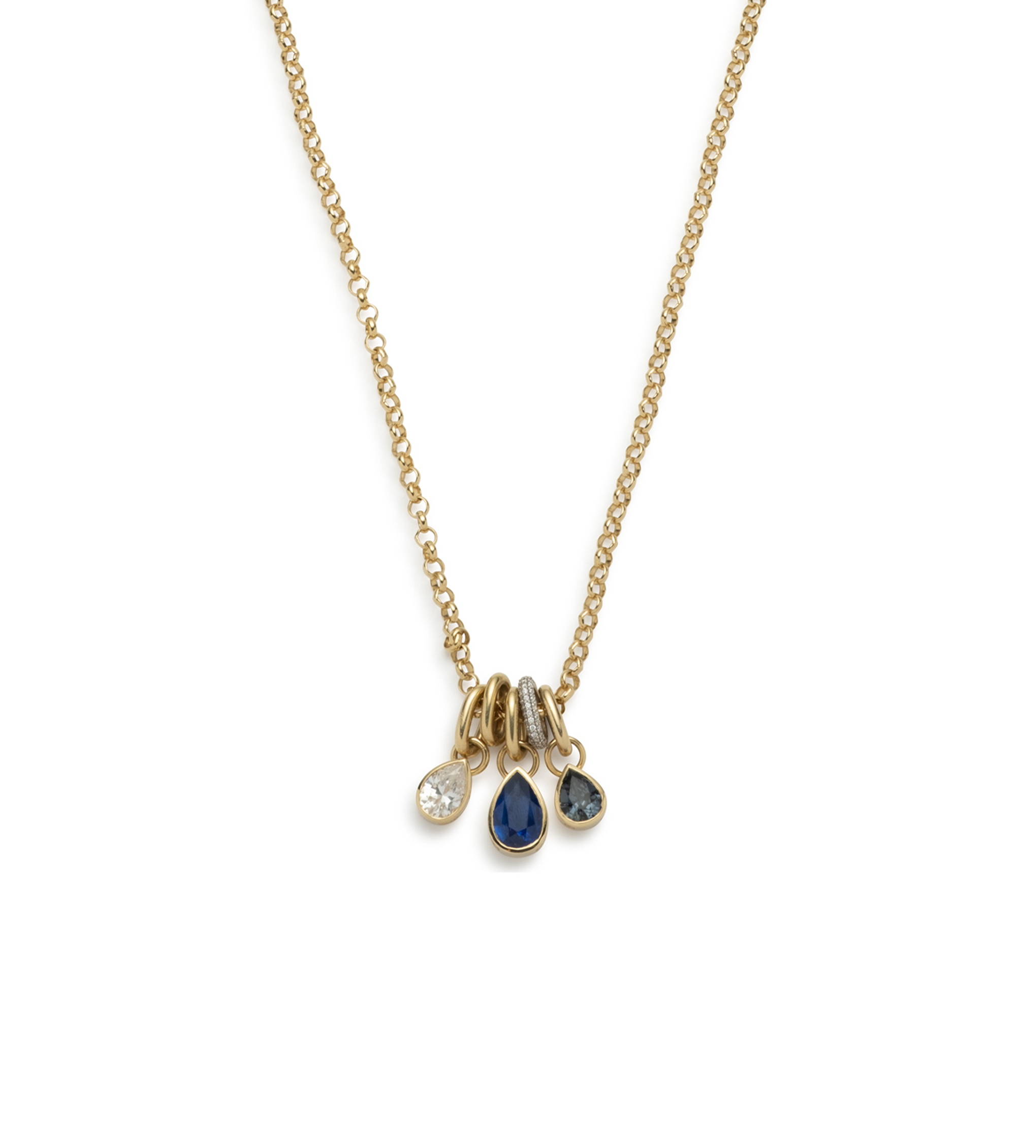 Forever & Always a Pair : Diamond, Blue Sapphire, and Teal Sapphire Medium Belcher Pave Feature Abacus Chain