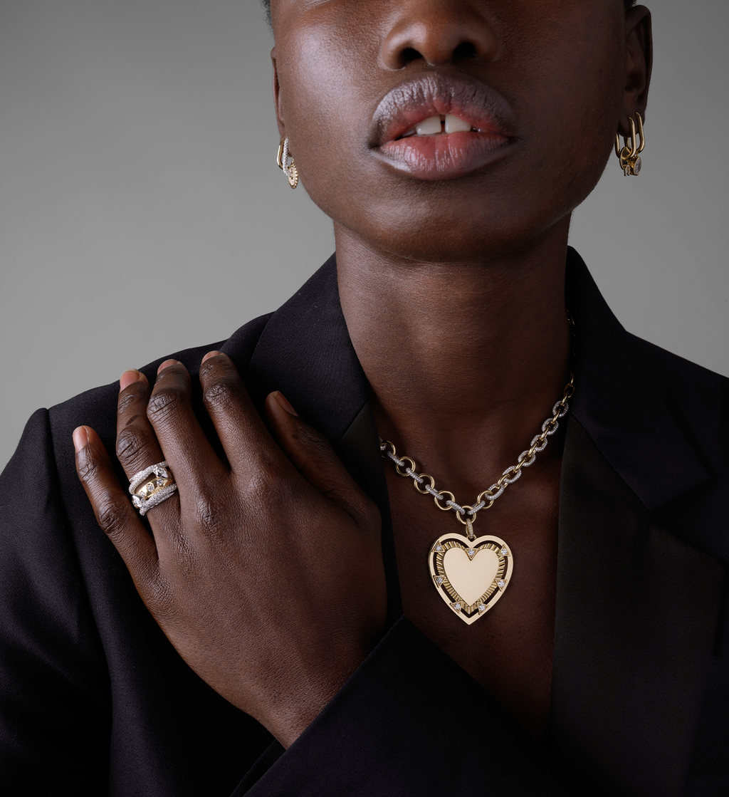 Midsized Mixed Link Pave Chain with Oversized Engravable Heart Medallion and Oval Pushgate view 2