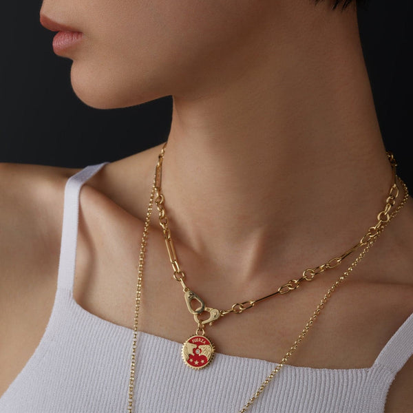Strength | Ceramic Solar & Lunar Baby Medallion | Red Ceramic, Diamond, Yellow Gold