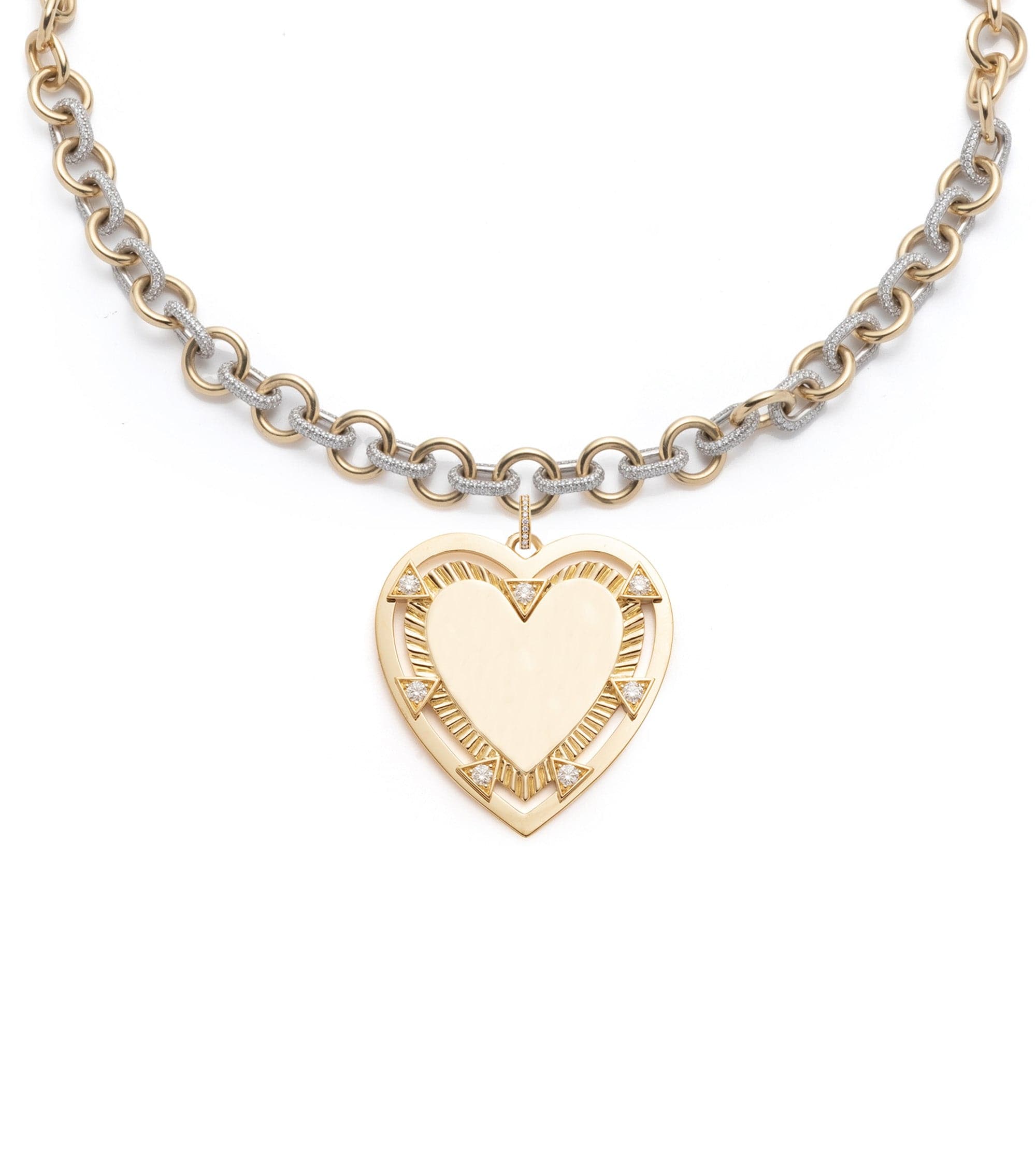 Midsized Mixed Link Pave Chain with Oversized Engravable Heart Medallion and Oval Pushgate