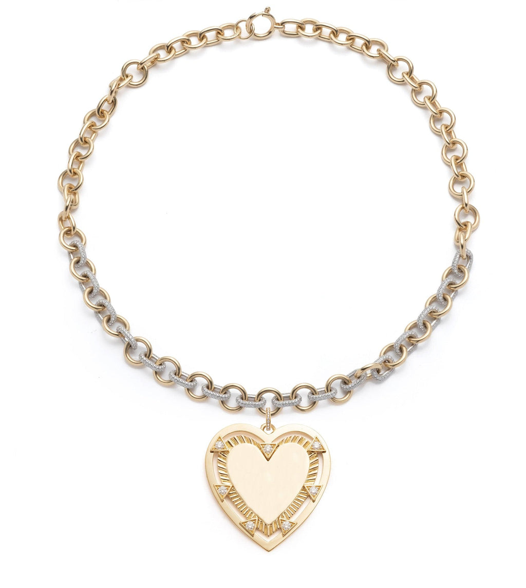 18K Yellow Gold Midsized Mixed Link Pave Chain with Oversized Engravable Heart Medallion and Oval Pushgate – FoundRae