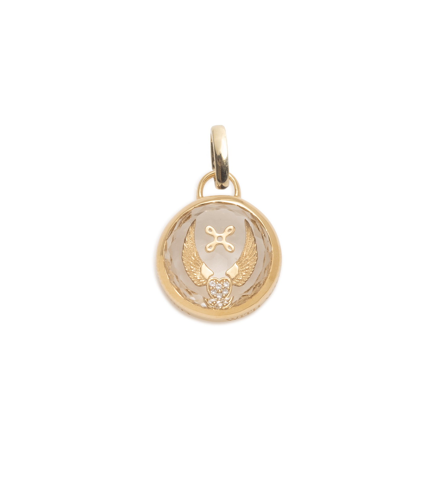 Foundrae | Beloved with Wings We Fly Round Sealed Gemstone Medallion with Oval Pushgate 18K Yellow Gold Size 13mm | Pave
