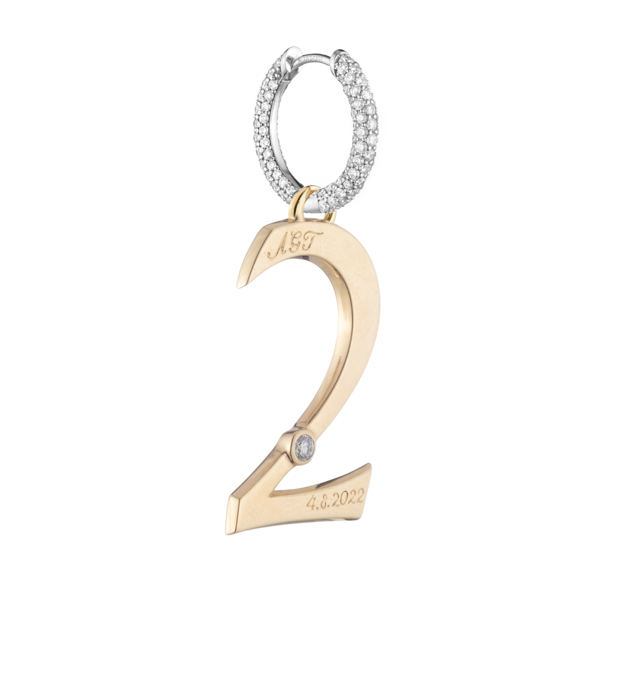 Foundrae | Engravable Number 2 Oversized Small Pave Chubby Ear Hoop Earring 18K Yellow Gold Size 16