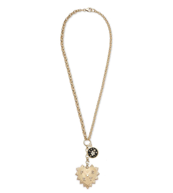 Personalized - True Love | Custom Heart Love Token and Ceramic Blossoms Heavy Mixed Belcher Extension Necklace | Diamonds, Black Ceramic, Yellow Gold
